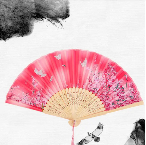 Traditional Vintage Chinese Folding Hand Fans Made With Silk