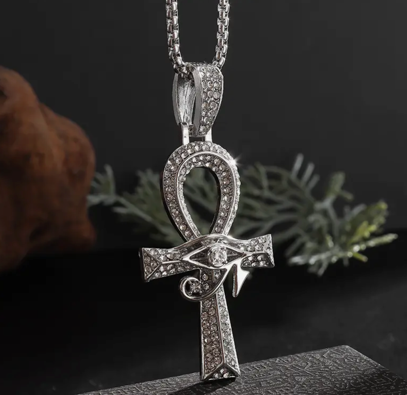 Iced Out Ancient Egyptian God Eye of Horus Ankh 14K Plated  Cross Pendant